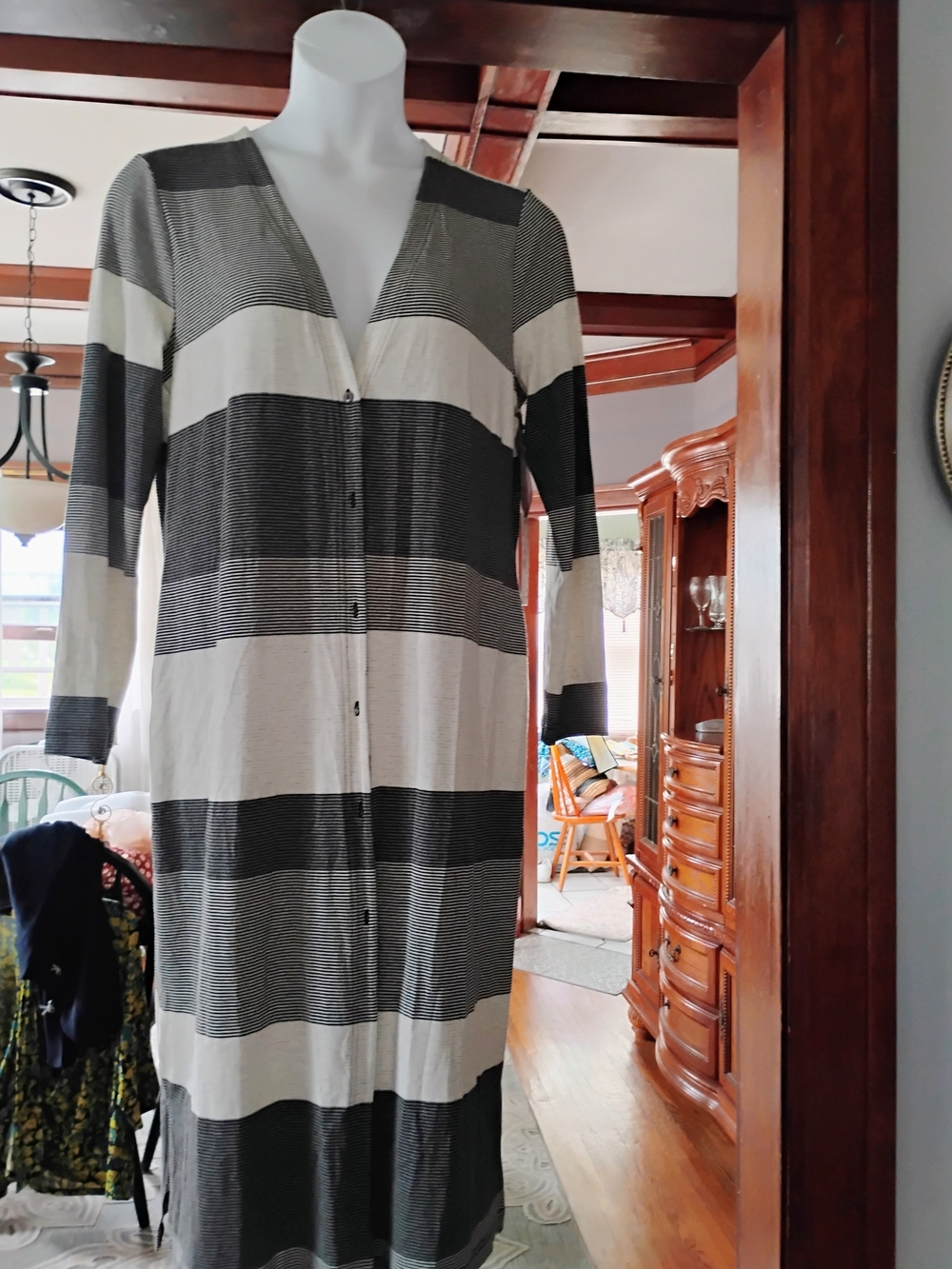 Black and Cream Striped Long-Sleeve Maxi Dress